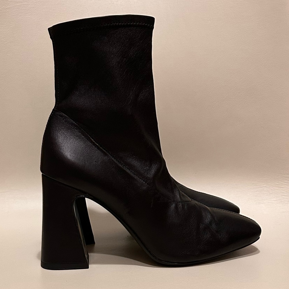 Reformation Edie Black Square Toe Chunky Block Heel Ankle Sock Boot Sz 7.5 NWOB - Picture 6 of 9